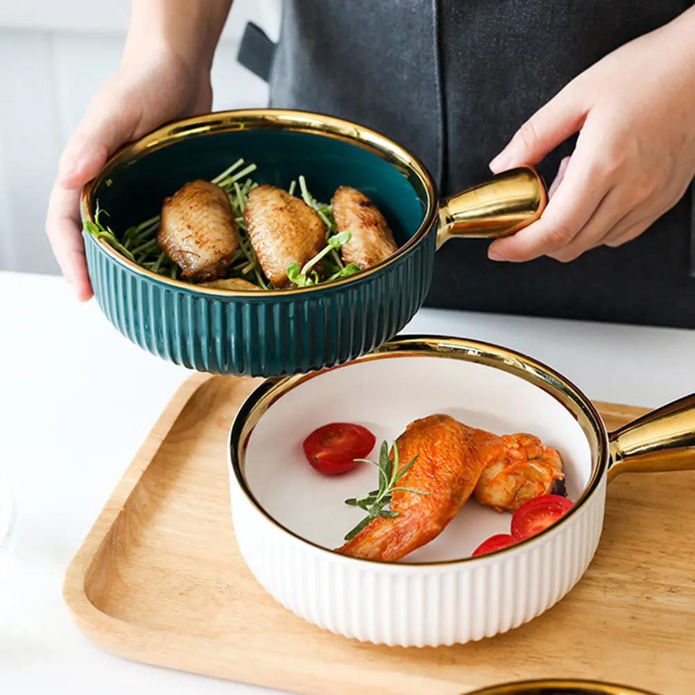 1Pcs Ceramic Food Container Fruit Salad Bowl with Handle Vertical Grain Texture Creative Dessert Serving Bowl for Restaurants