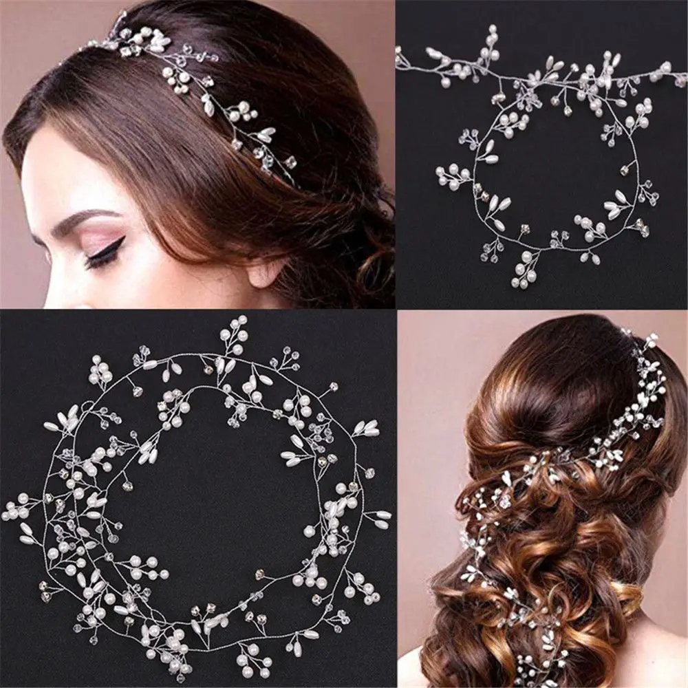 Women Romantic Bridal's Tiara Long Chain Headpiece Pearl Crystal Wedding Hair Vine Diamante Headband Bride Accessories