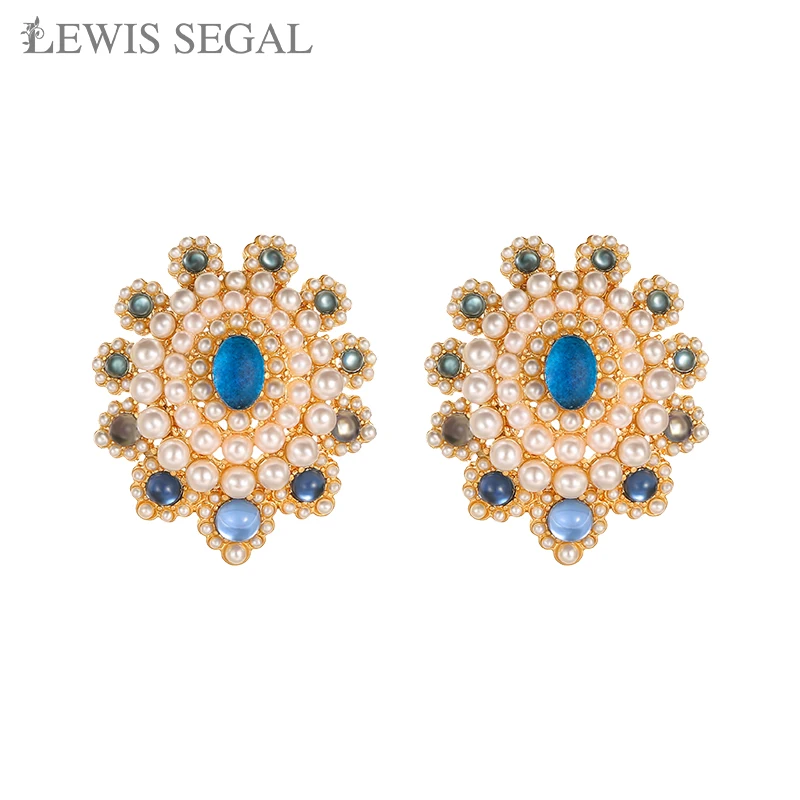 LEWIS SEGAL Medieval Style Colorful Gemstone stud earrings with Small Pearls for Women 18K Gold Party Daily Retro Fine Jewelry