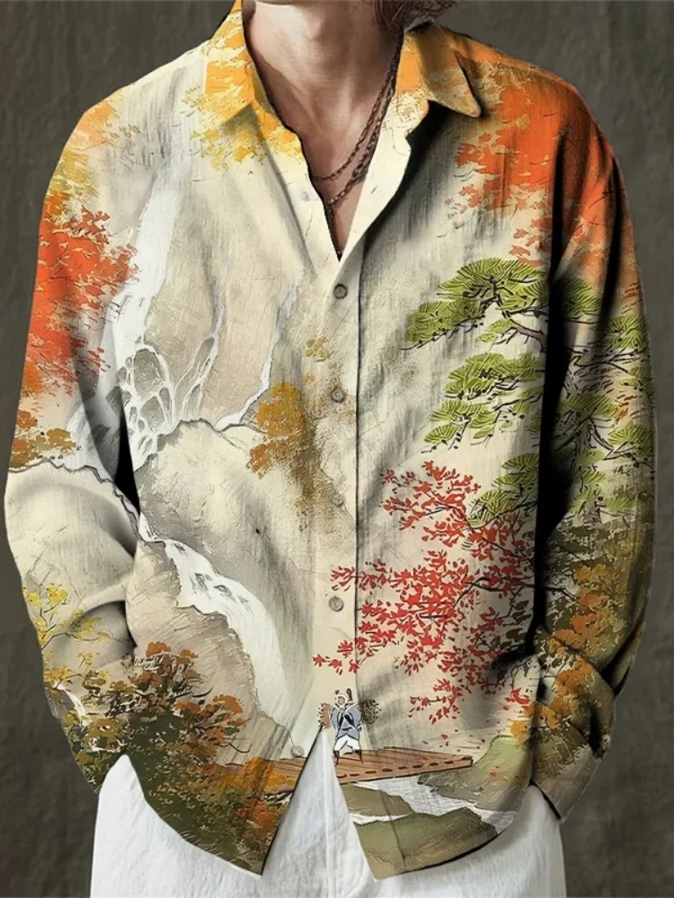 الرجال مابل ليف النمط الصيني الفن طباعة قميص طويل الأكمام موضة البوهيمي التلبيب طوق بلوزة 2025 الخريف Vintage الستر الذكور #3