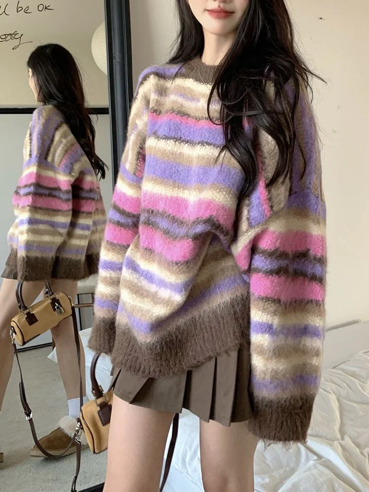سترة مخططة الخريف الشتاء الملونة فضفاضة لينة س الرقبة البلوز النسخة الكورية تنوعا طويلة الأكمام تريكو للنساء