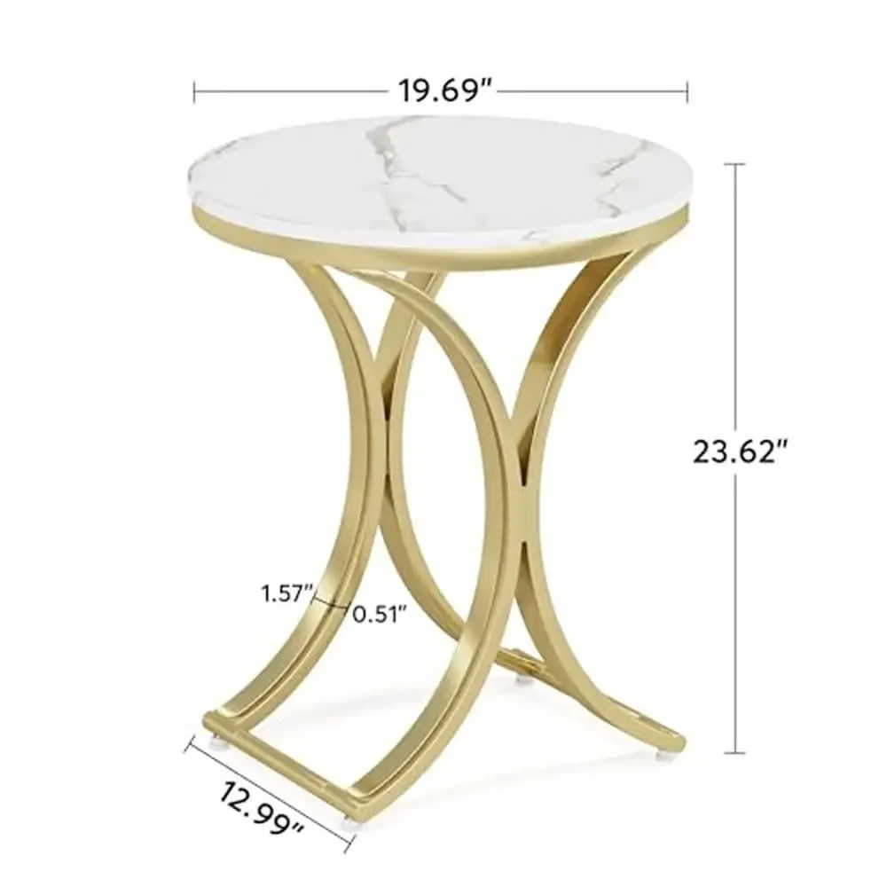 Contemporary Round Marble Side Table Gold Metal C Legs Bedside Coffee Table White 19.7”