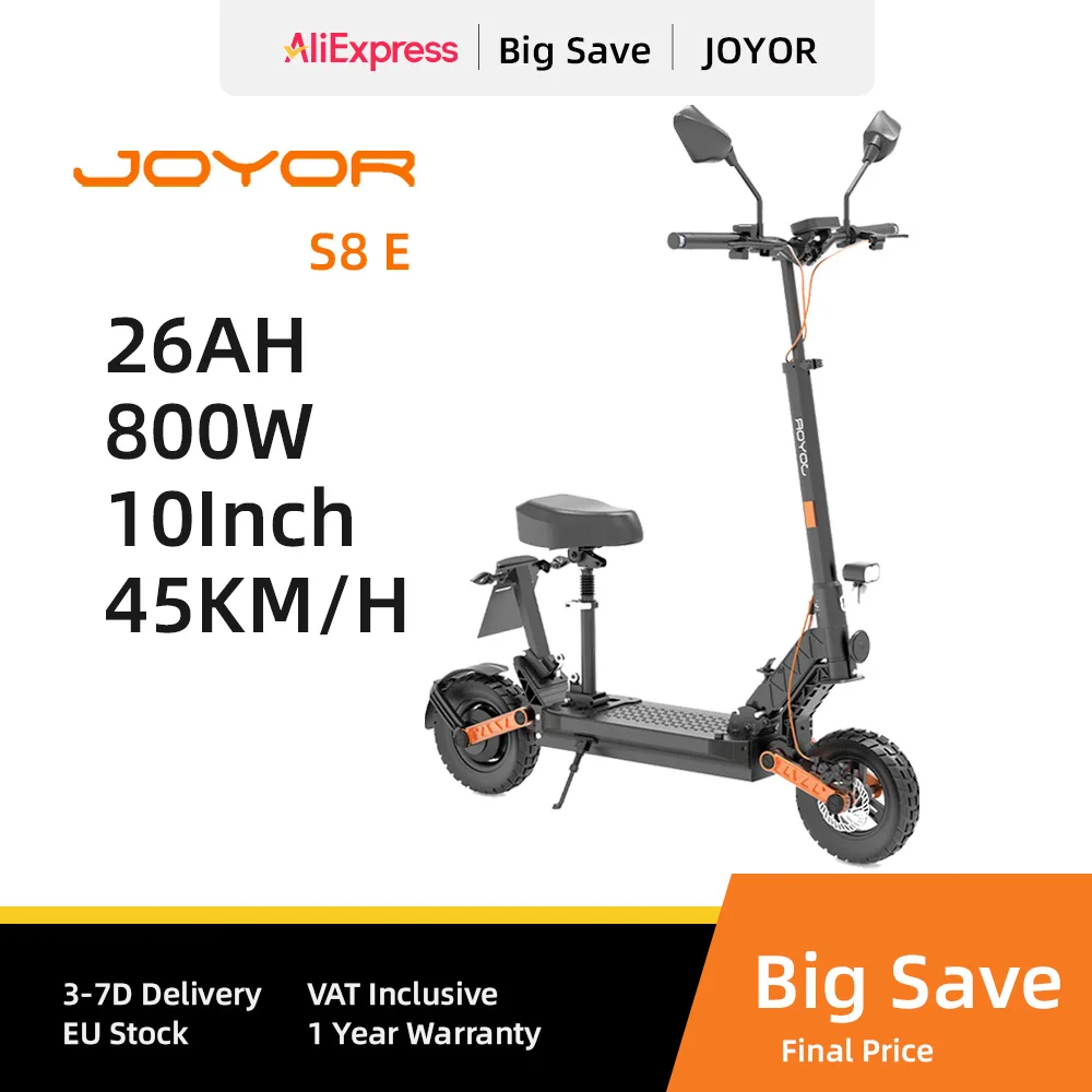 JOYOR S8E Electric Scooter, 800W Motor, 48V 26AH Battery, 10 Inch Tires, 45km/h Max Speed, 80km Range, Front & Rear Disc Brake