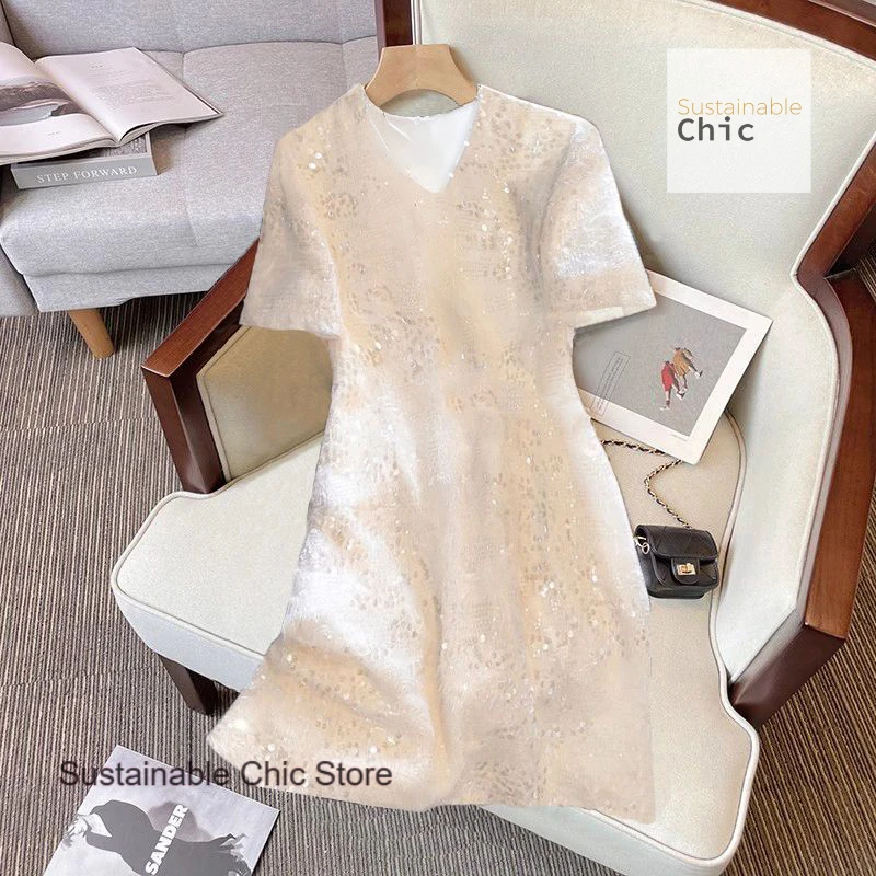 

French small fragrance temperament celebrity V-neck dress female high-grade sense of luxury summer heavy industry slim skirt