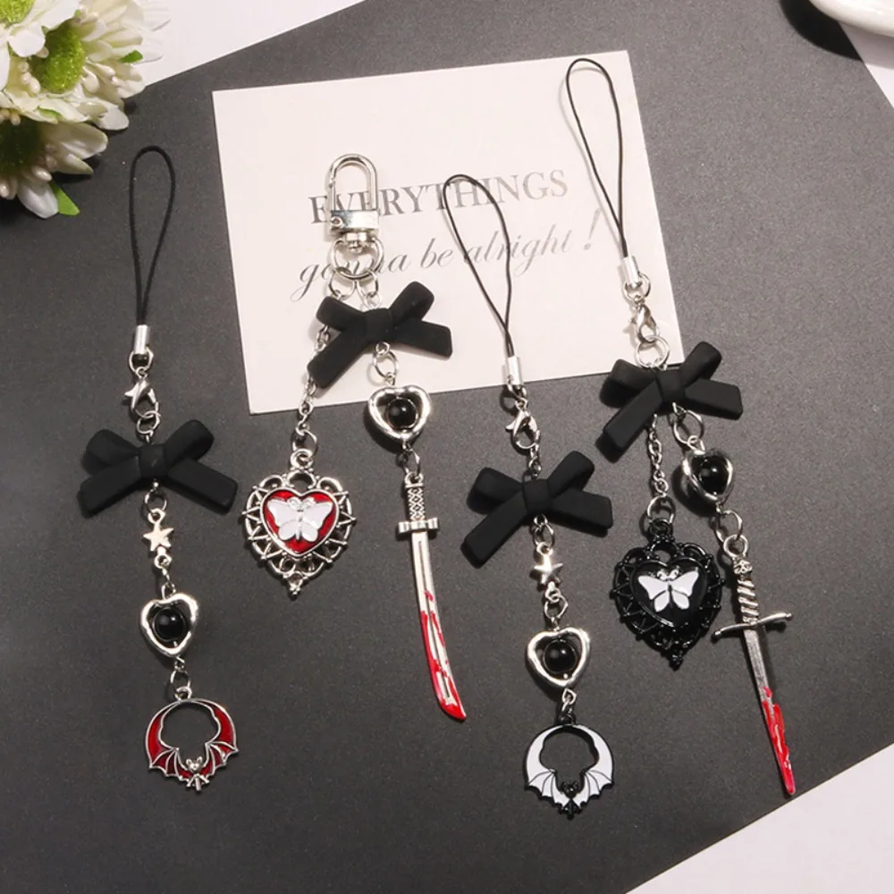 Gothic Style Black Butterfly Heart Keychain Pendant Y2K Phone Strap Mobile Phone Chain Lanyard Portable Phone Accessory for Keys