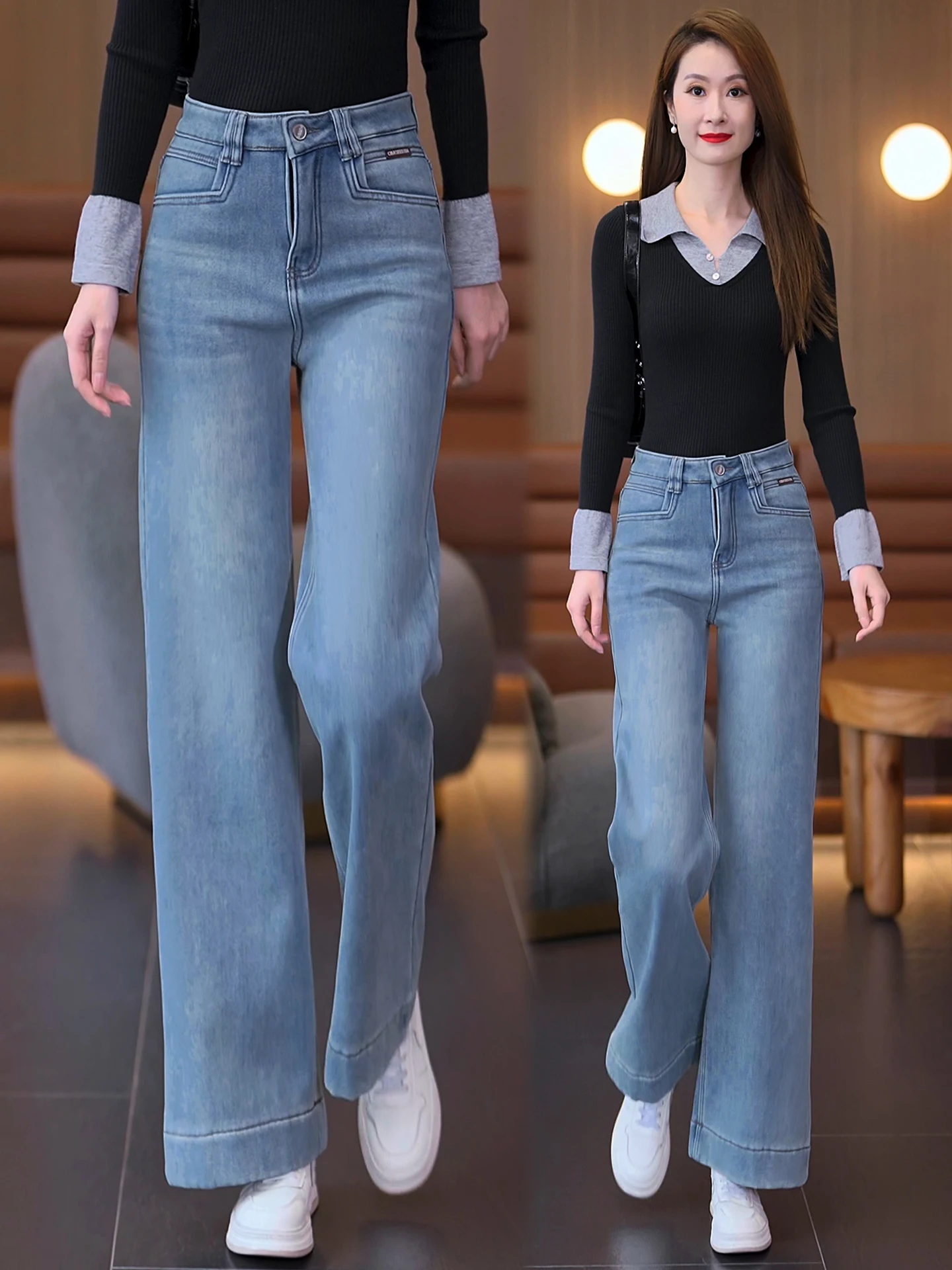 

Thickened Fleece High Waist Bell Bottom Jeans Women's Autumn Winter New Style Retro Slim Fit Wide Leg Pants Casual Cotton Denim