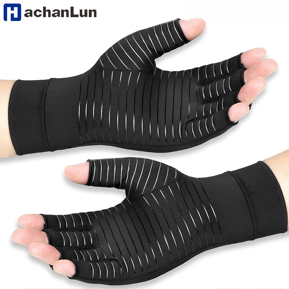 1Pair Arthritis Compression Copper Gloves Women Men Relieve Hand Pain Swelling and Carpal Tunnel Fingerless for Typing