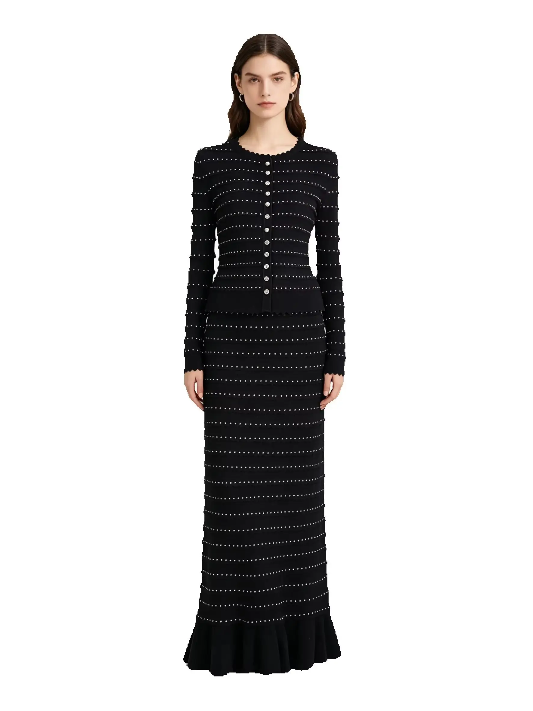 Four Color High-quality New Fashionable Knitted Lace Rhinestone Top Cardigan Jacket+slim Split Ruffle Edge Half Skirt Set