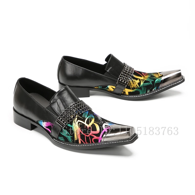 المعادن ساحة تو يطبع خليط الرجال حذاء رسمي سلاسل ديكور الانزلاق على أكسفورد المتسكعون جلد طبيعي أحذية الحفلات الزفاف
