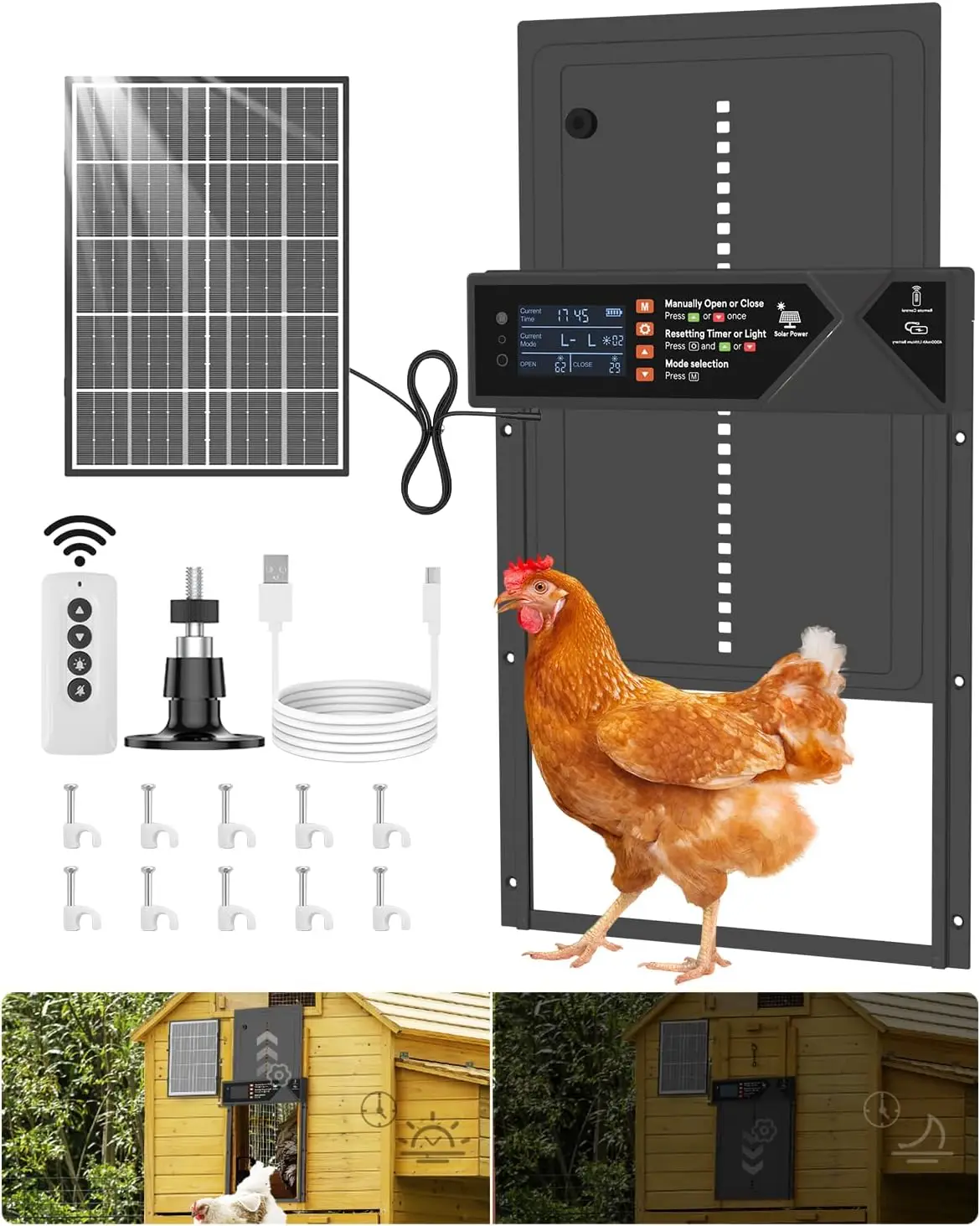 

Large Automatic Chicken Coop Door with Timer, Light Sensor, Solar Power & Remote Control - Black