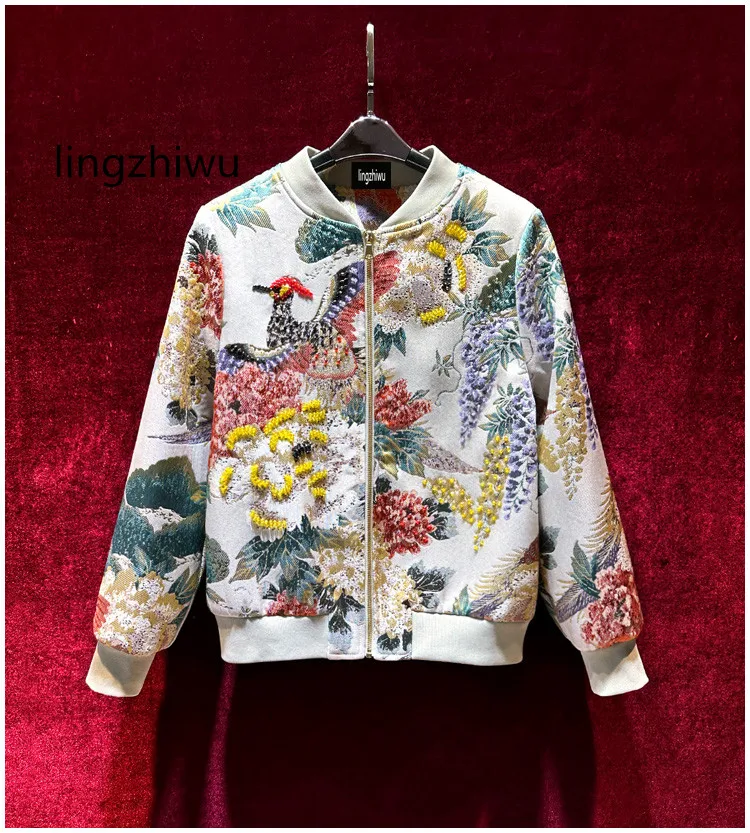 

lingzhiwu Jacquard Jacket Phoenix Chinesse Style All Match Stand Collar Coat Outerwear Spring Female Autumn 2024 New Arrive