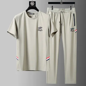 2024 yaz yeni Shishang buz ipek elastik spor elbise erkek rahat rahat nefes yüksek kaliteli iki parçalı Set 5XL