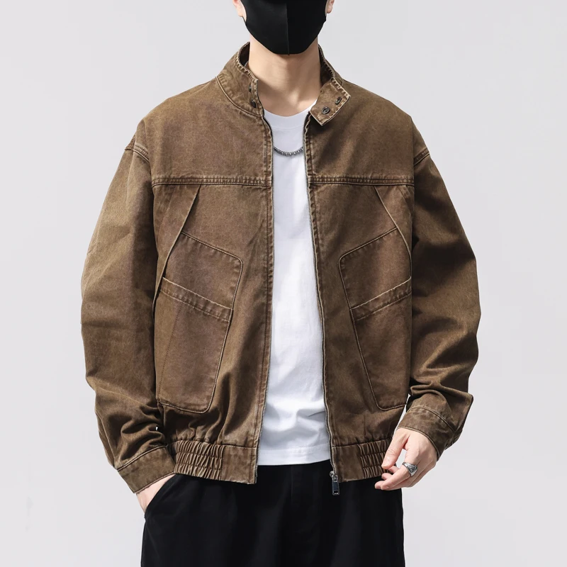 

Мужская весенне-осенняя куртка в американском стиле ретро 2025 года — пальто премиум-класса из 100% хлопка с расслабленным воротником-стойкой, высокое качество
