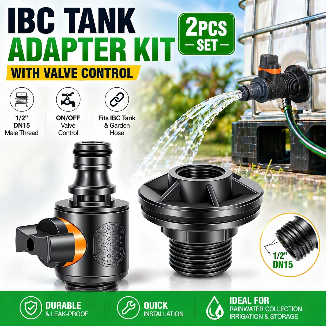 2Pcs Set IBC Tank Adapter Valve Kit, Rain Barrel Faucet Tap, 1/2
