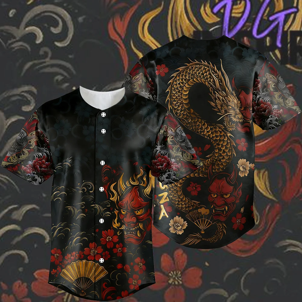 

Japanese Yakuza Dragon Oni Baseball Jersey Cherry Blossom Samurai Button Down Shirt Streetwear Hip Hop Baseball Uniform for Men