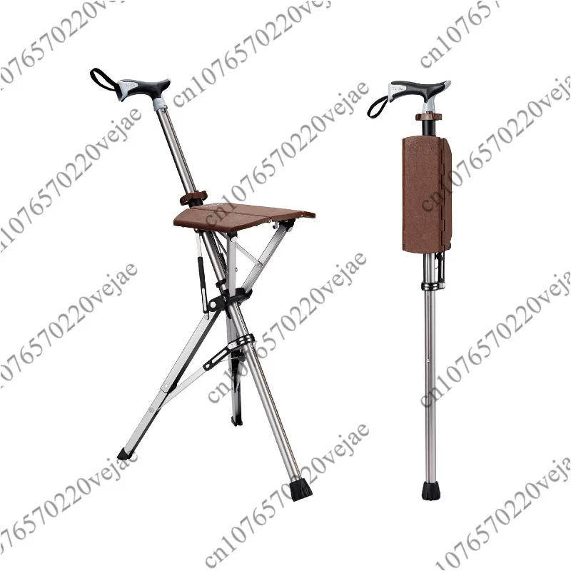 Foldable Cane Seat, 110KG Bearing Aluminum Alloy Adjustable Walking Stick Chair, Portable Elderly Crutch Stool
