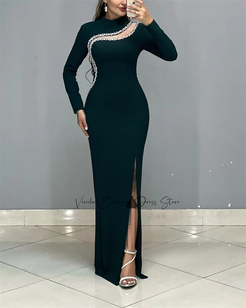 Vindal High Neckline Long Sleeves Beaded Split Custome Mermaid Arab Evening Dress Floor Length Different Color Prom Party Dress