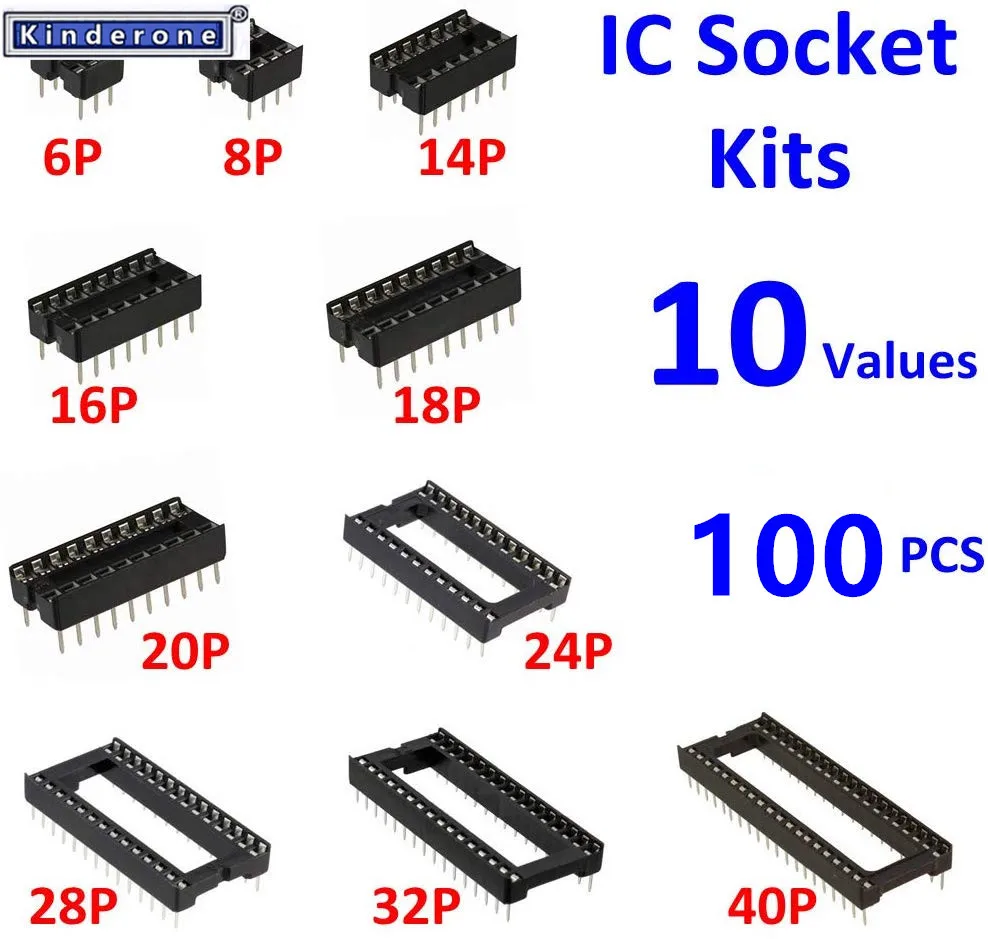 

100 шт./коробка 2,54 мм Шаг DIP IC розетки паяльный Тип адаптер набор в ассортименте (6/8/14/16/18/24/28/40 контактов)