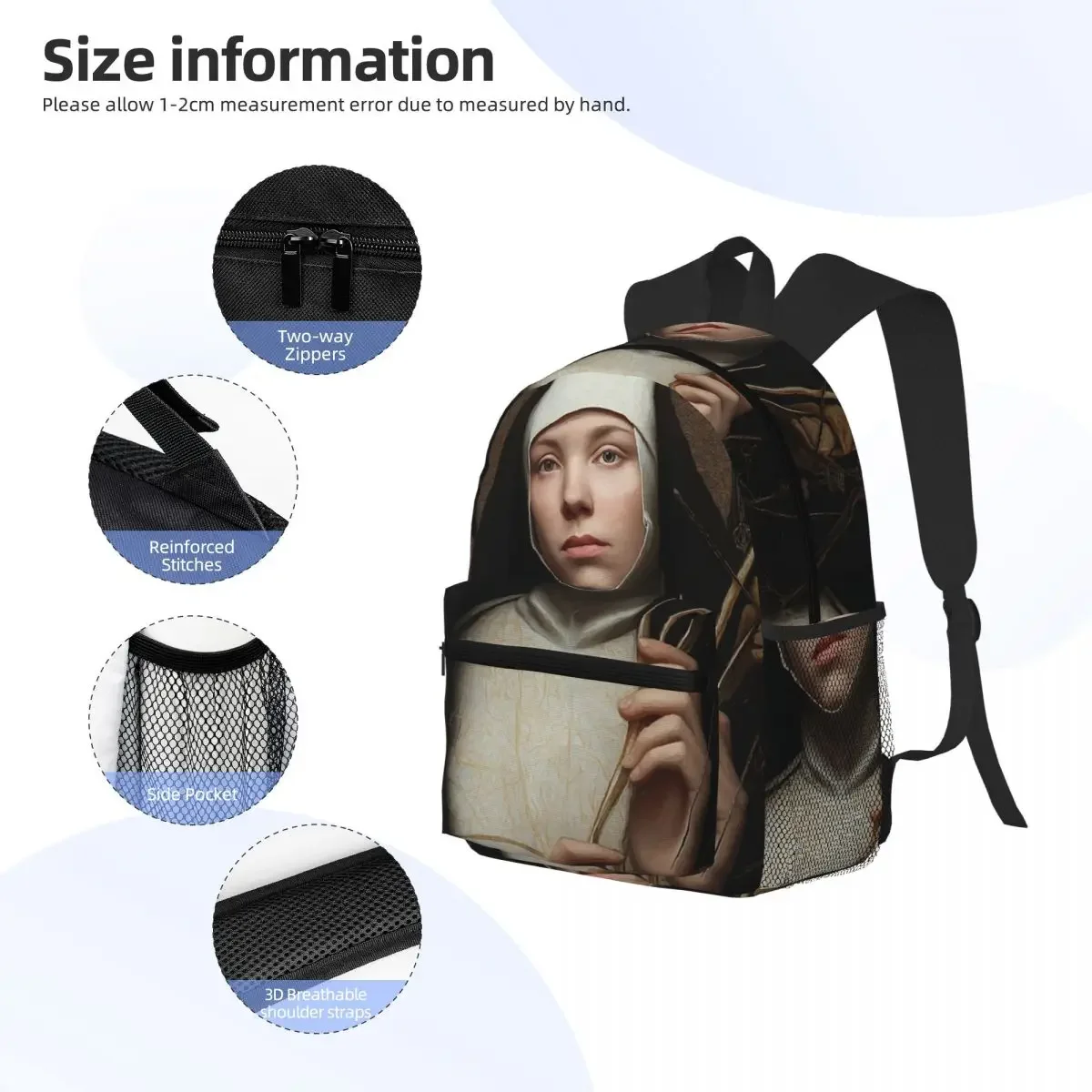 حقيبة ظهر Serene Nun Portrait Daypack ذات سعة كبيرة للأطفال حقيبة كتب مدرسية حقائب كتف للرجال والنساء #4