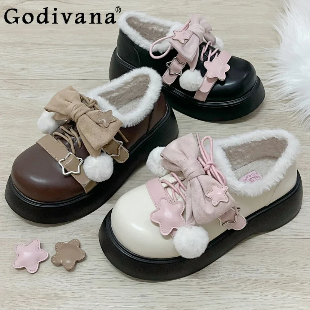 

Round Head Winter Velvet Cotton Shoes Japanese Platform Snow Boots Lolita Shoes Sweet Cute Women's Boot