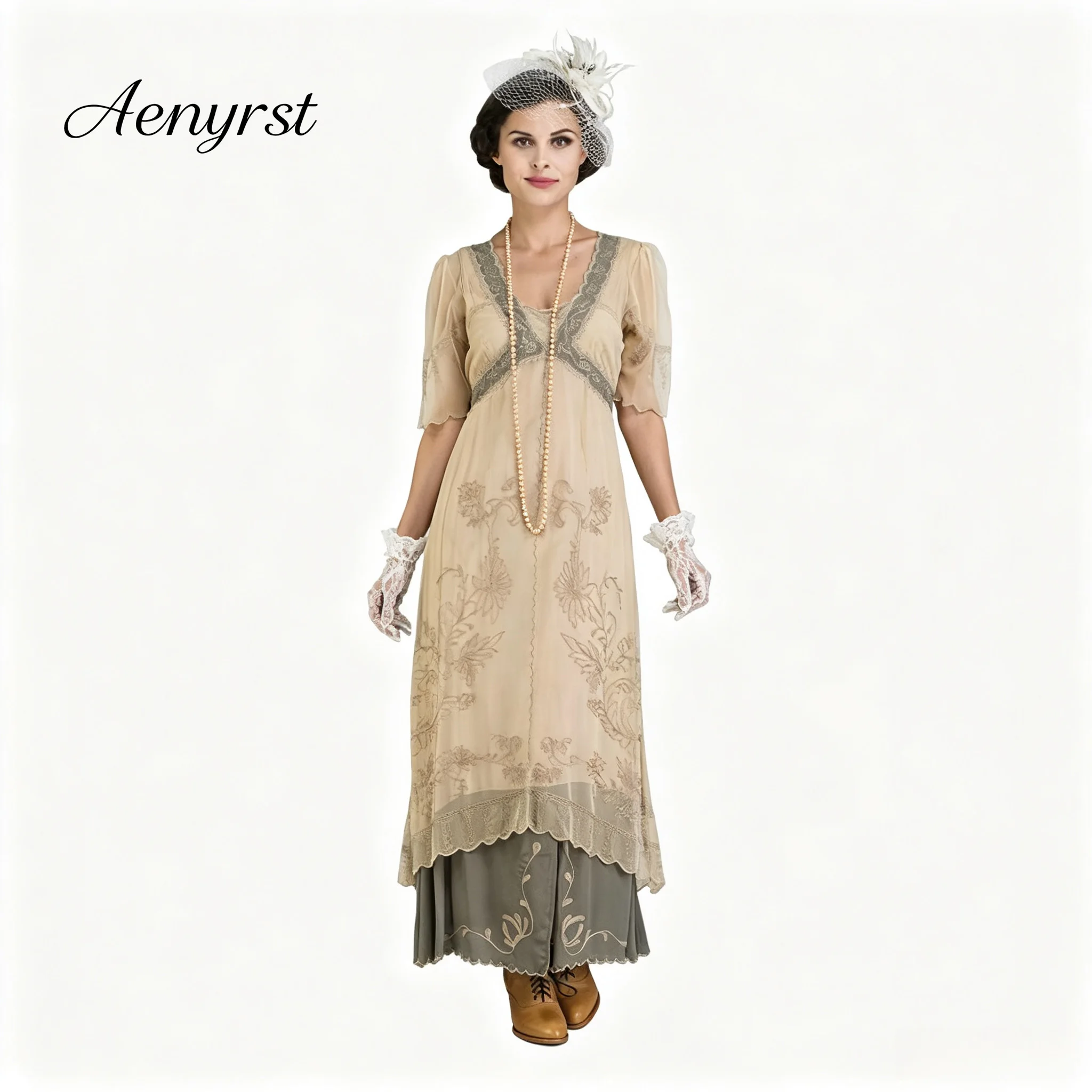Vintage Edwardian Beige Chiffon Floral Embroidered Maxi Dress Mother of the Bride Formal Wedding Party Evening Gown