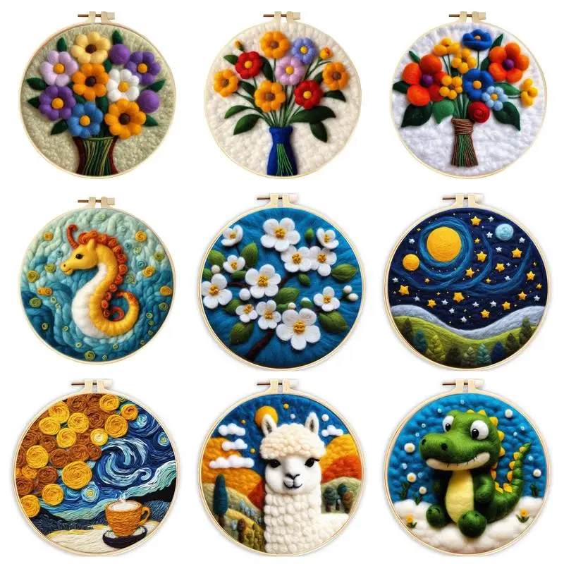 20x20cm Needle Felt Beginner Kit Flowers Wool Needle Felt Painting Diy Crafts With Picture Frame Foam Pad Wool Bag Needle Felt