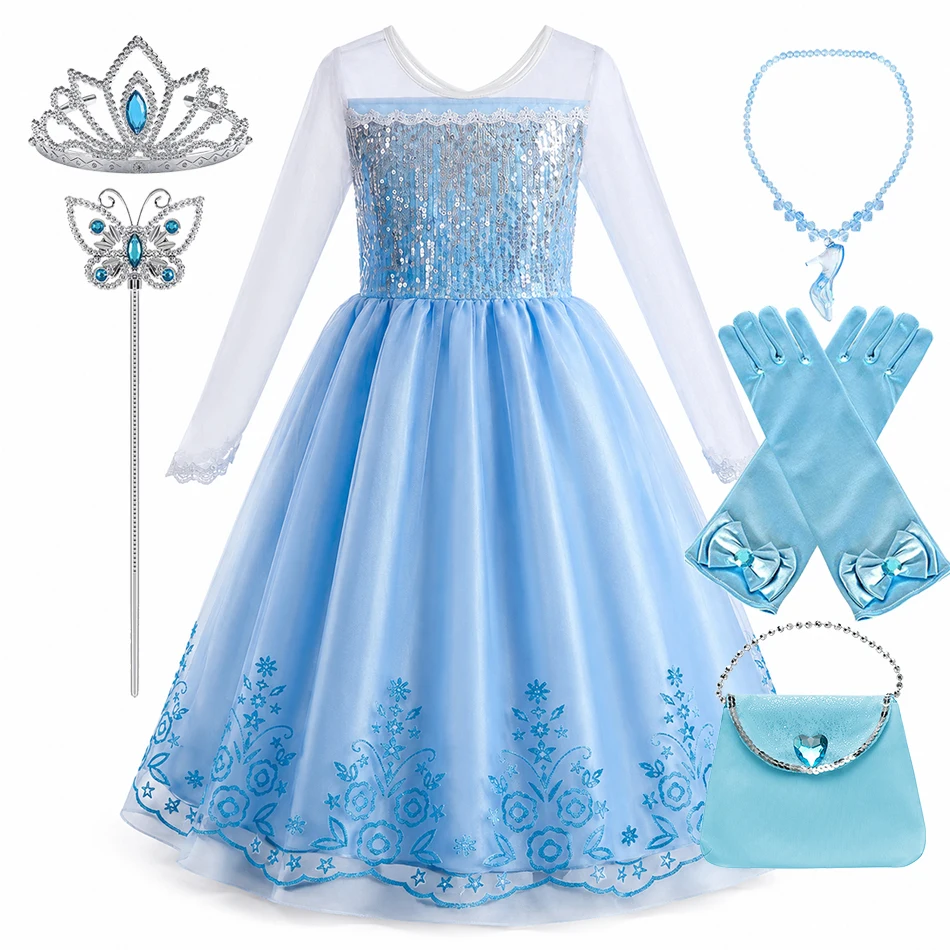 Girls Blue Princess Dress Up Set Kids Ice Queen Sequined Fancy Party Costume with Gloves Bag Halloween Cosplay Clothes Book Week