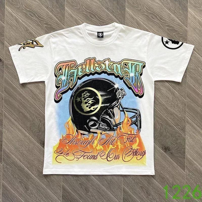 High Street Helmet Print T-Shirts Gold Glitter White Pure Cotton Men's Women's 1:1 Best Quality Oversized Short Sleeves