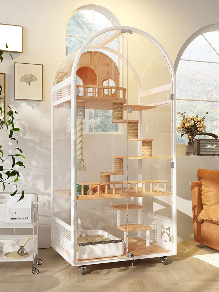 

Solid Wood Indoor Villa for Cat, HD Glass House, Arched Cat House, Household Cage, New Product