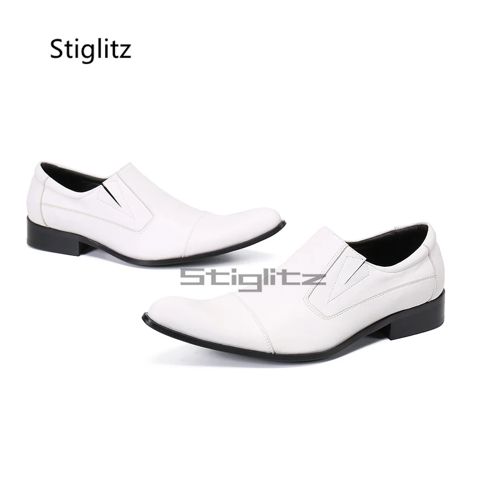 White Leather Slip On Loafers Men Pointed Toe Low Heel Formal Dress Shoes Genuine Leather Business Wedding Shoes Big Size 38-47