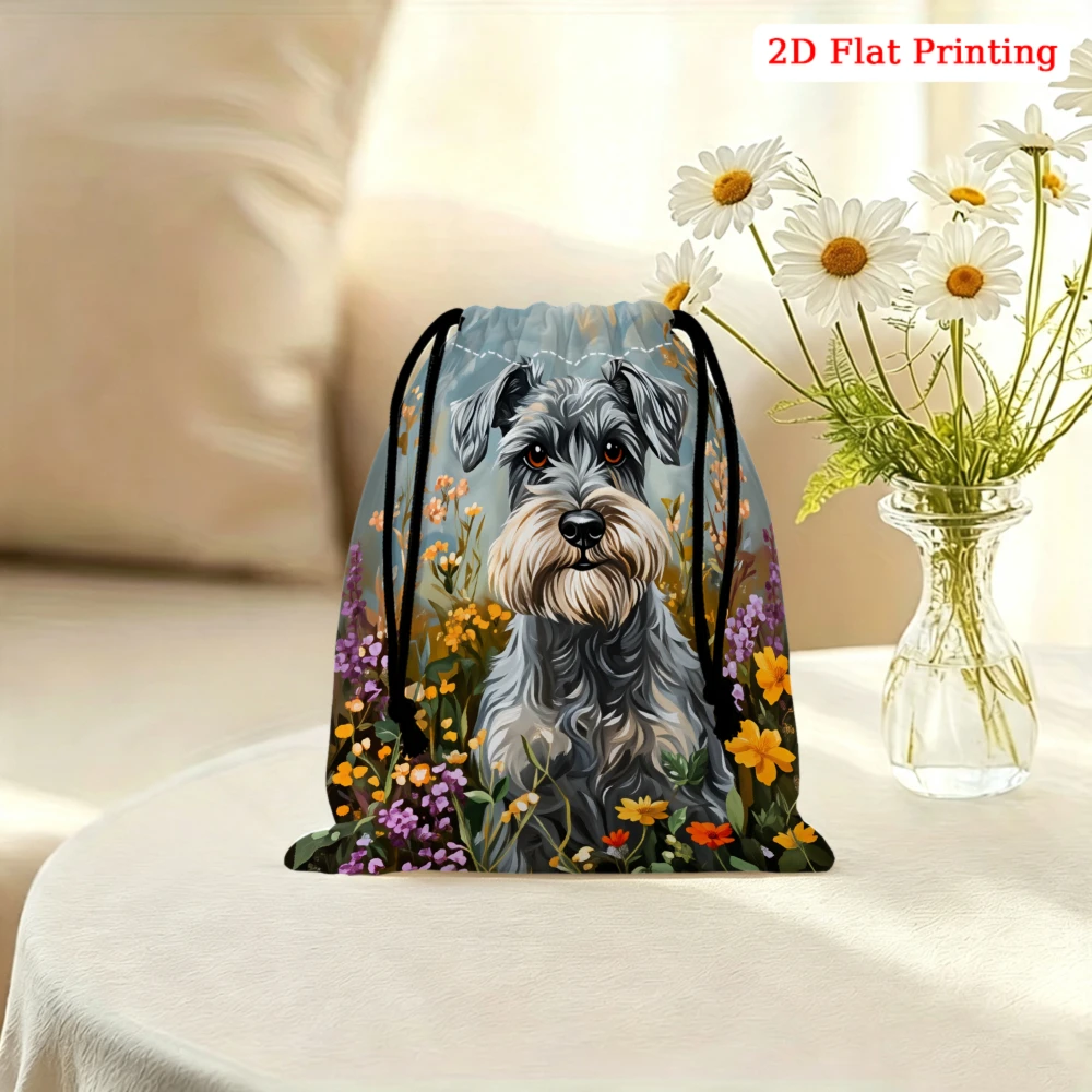 1pc Fashion Drawstring Bag Gray Schnauzer Dog Floral Print Storage Small Pouch Travel Cosmetic Organizer For Women Portable