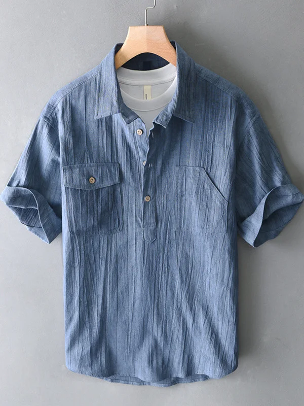 

Linen Cotton Blend Men's irt Youth Faion Urban Sle Breathable Cool Feeling ort Sve Pleated Fabric Turn-down Collar...