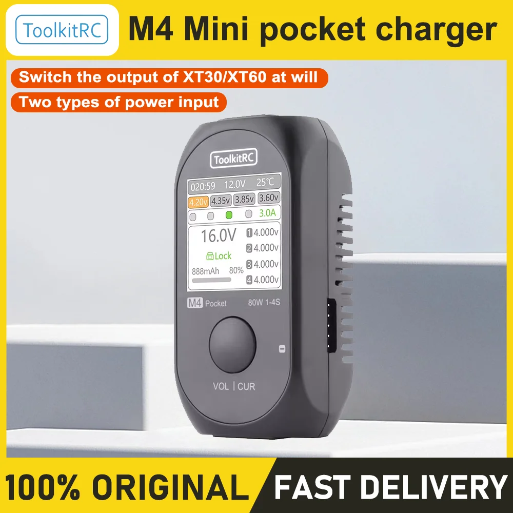 ToolkitRC M4 Pocket Smart Balance Charger DC 80W 5A XT30 XT60 Input USB-C Input & Output For 1-4S LiPo Battery FPV Drone Charger