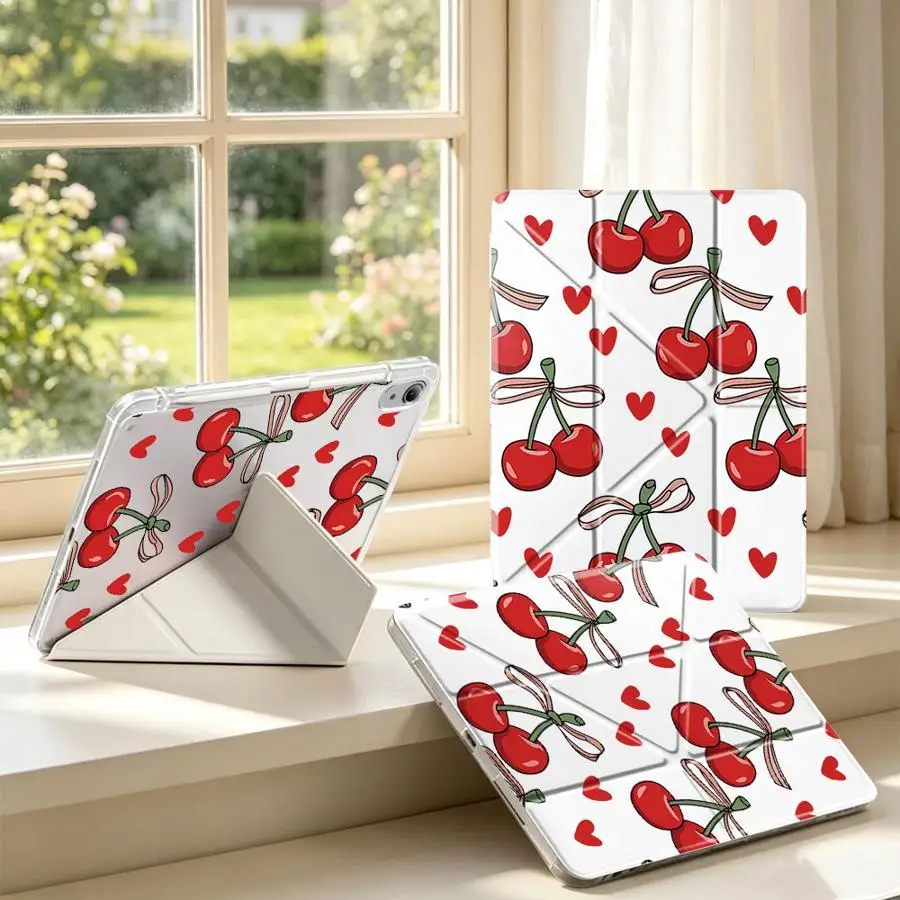 Cherry Heart-Shaped Pattern With Pen Slot Cover Tablet Case For iPad 10th Gen 12th 11th Air 8 M2 M3 3 9th Mini 7 6 5 Pro 13 2025