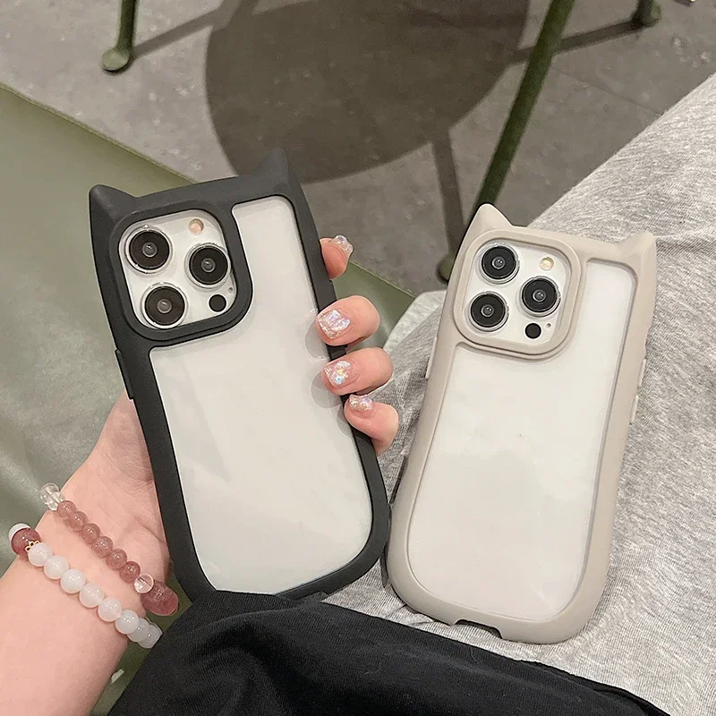 

Cute 3D Cat Ear Transparent Phone Case For iPhone 16E 16 15 14 Plus 13 12 11 Pro Max Cartoon Lovely Shockproof Clear Back Cover