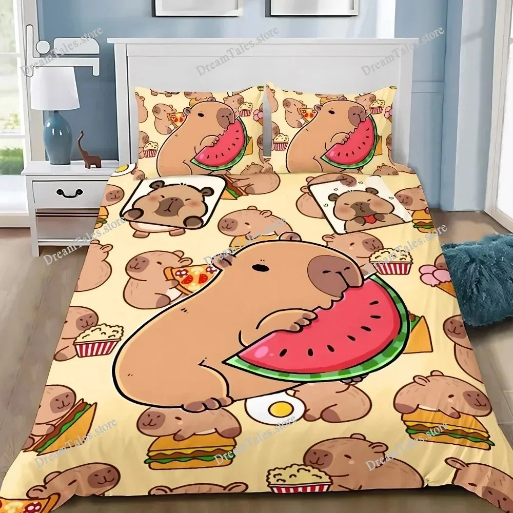 Capybara Quilt Cover Set 3D Decor Cute Print Comfortable Set Dark Style Breathable Bedding For Teenager Children029