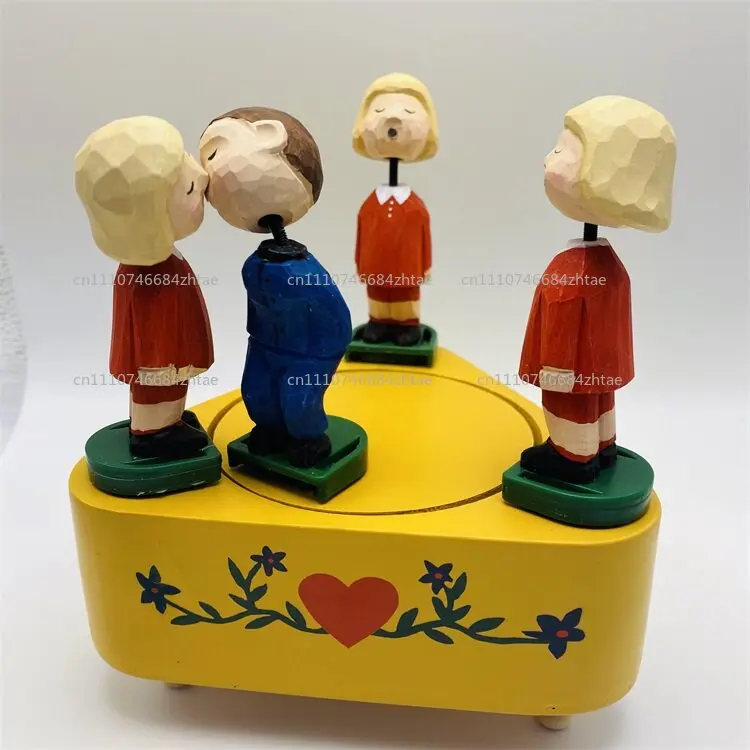 Music Box Solid Wood Engraving Music Box Kiss Creative Birthday Gift Ornament Electric Rotating Speaker