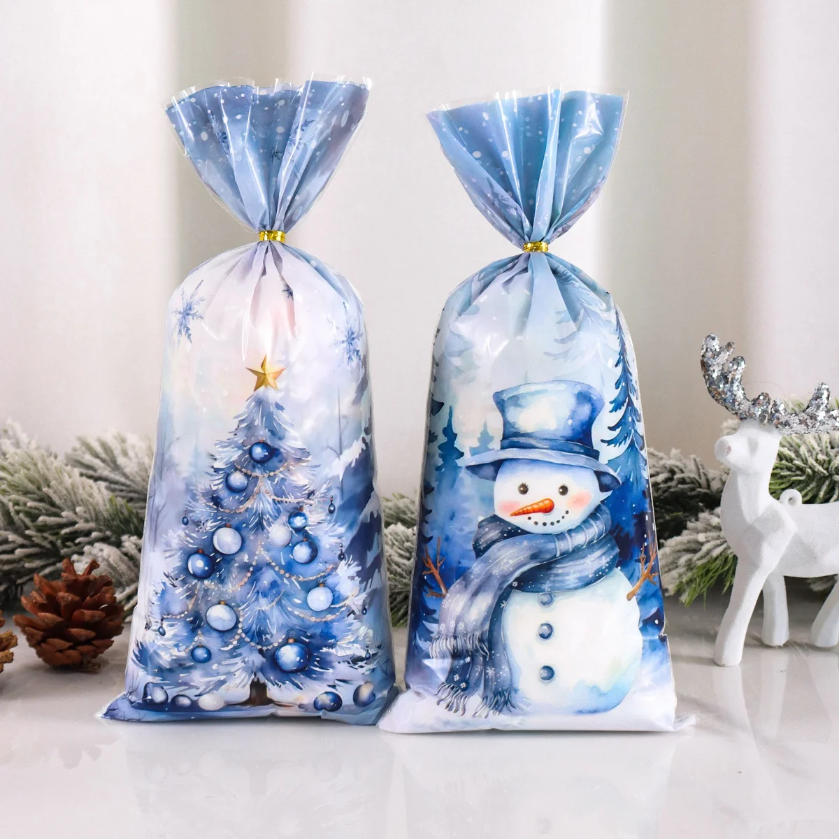 25/50/100 قطعة أكياس حلوى عيد الميلاد الزرقاء سانتا شجرة عيد الميلاد هدية التعبئة والتغليف حقيبة الشتاء عطلة زينة عيد الميلاد 2025 نافيداد نويل