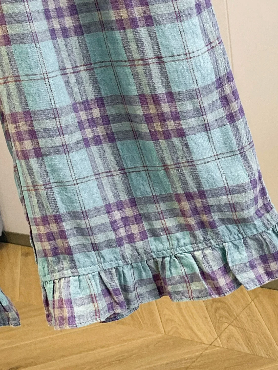 กางเกงขายาวทรงตรงผ้าฝ้ายลินินเอวสูงแต่งระบายชาย  สำหรับผู้หญิง สไตล์ลำลอง  ความยาวเก้าส่วน  ใส่สบายในฤดูร้อน  สไตล์วินเทจ