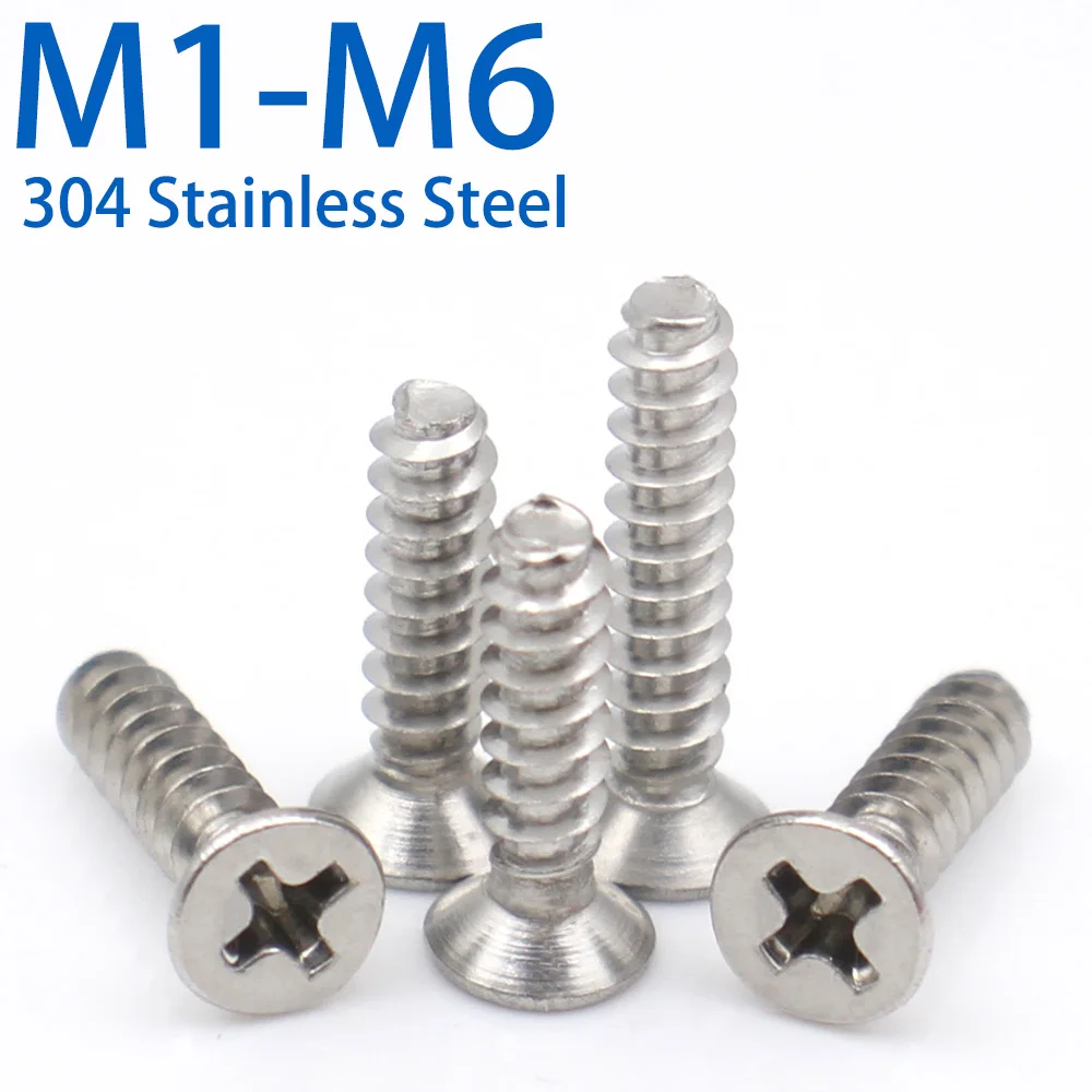 15-150pcs M1 M1.2 M1.4 M1.7 M2 M3 M4 M5 M6 304 Stainless Steel Phillips Countersunk Head Self Tapping Screws Flat Point Tail