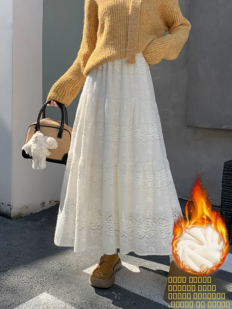 

Soft Wind Lace Fce Lined High Waist Slimming White Cake Long Skirt Women's Winter New Sle A-Line Skirt for Ladies