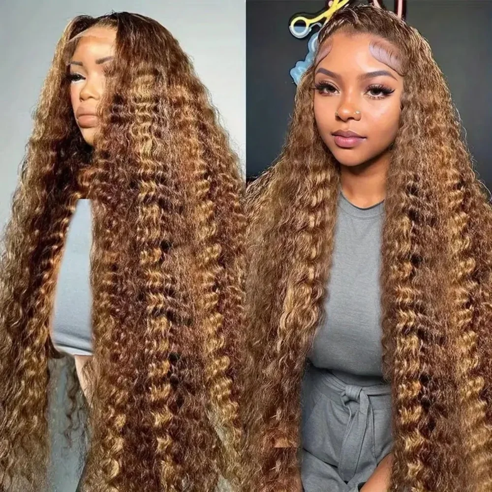 شعر بشري برازيلي بكر ، شعر مستعار مجعد أمامي عميق ، شعر مستعار بدانتيل أمامي شفاف ، موجة عميقة ، شعر مستعار عسل أشقر ، كثافة ، 13x4