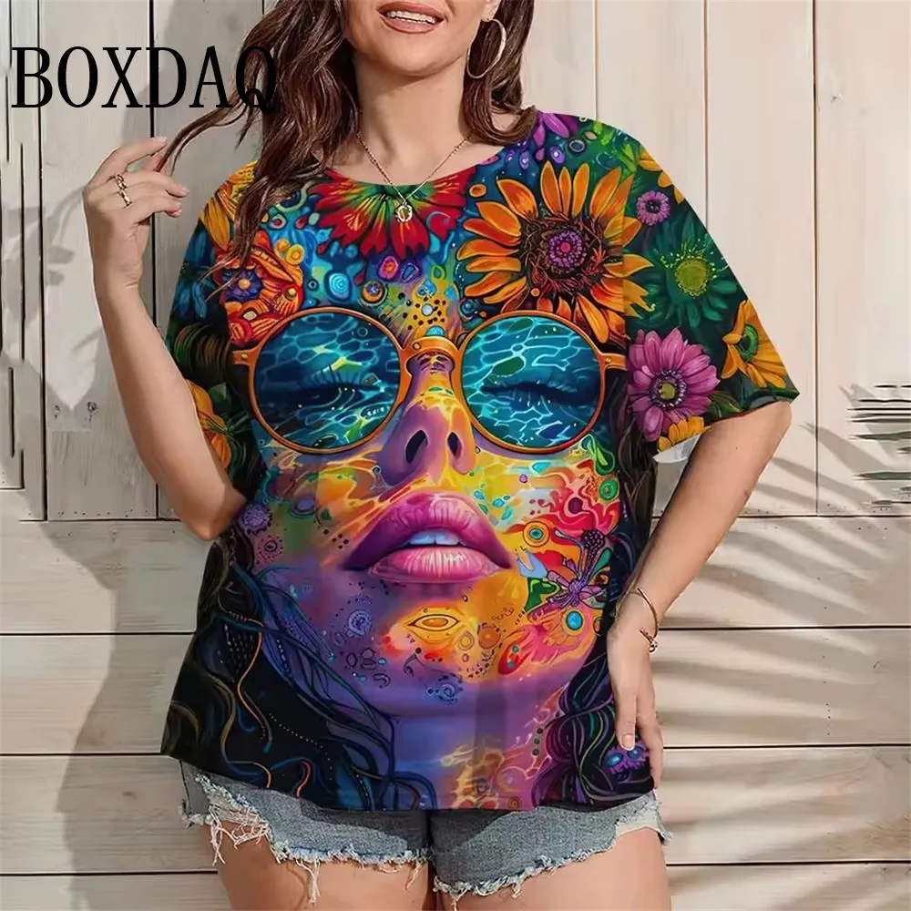 

2025 Women's Round Neck T-Shirt Summer New Short Sleeve Tops Colorful Face Women's Street Style Fashion Loose Women's Clothing