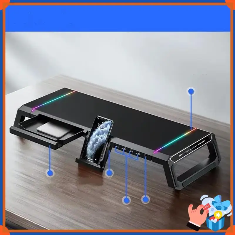 

Компактная подставка для монитора ноутбука с возможностью подключения 4 USB, RGB-подсветки и быстрой зарядкой USB2.0 — хранилище с клавиатурой в комплекте