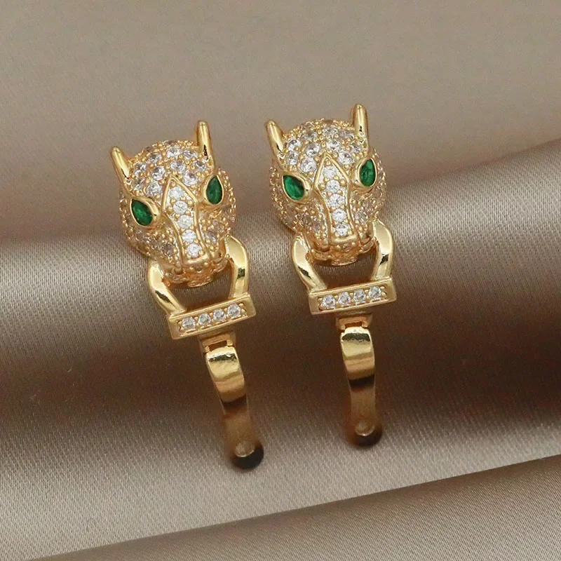 Fashion Brand Jewelry Full Crystal Leopard Stud Earrings Luxury Zirconia Animal Earrings for Women