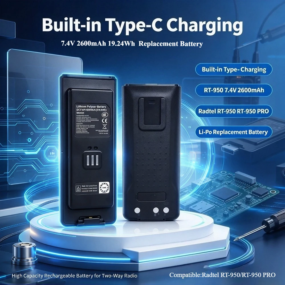 Built-in Type-C Charging RT-950 7.4V 2600mAh 19.24Wh Li-Po Replacement Battery for Radtel RT-950 RT-950 PRO Walkie Talkie Batt