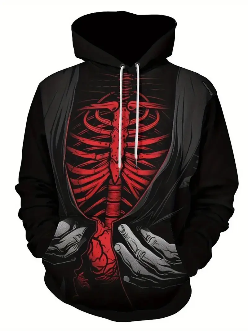 

New Halloween Skeleton Pattern 3D Print Men's Hooded Drawstring Men's Long Sleeve T-shirt Pullover Autumn Winter Sweatshirt Tops