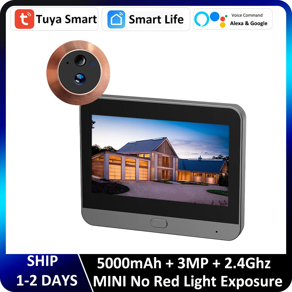 

Mini Alexa Google Smart Tuya 3MP 140° Wide View Angle 2.4Ghz WiFi Magic Door Peephole Eye Digital Viewer Doorbell Battery Camera