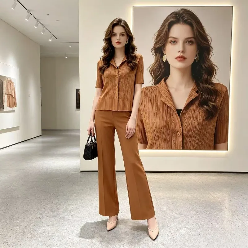 

Miyake Pleated Suit for Women 2026 Spring/Summer Embossed Craft High-end Pleated Top and Pants Fashionable Simple Trendy Pleat