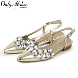 Onlymaker Women Pointed Toe Rhinestones Flats Metallic Leather Stylish Casual Shoes Fashionable Loafer Flats